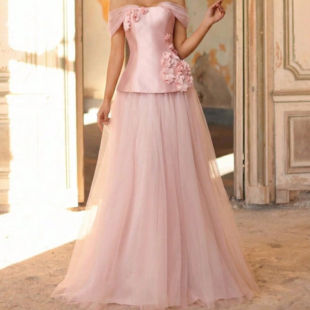 Pink Elegant Women's Satin Mesh Patchwork 3D Floral A-Line Evening Gown